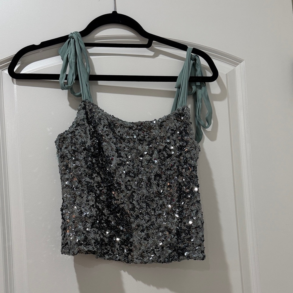 Free People Hey Girl Sequin Cami Teal Green Metal